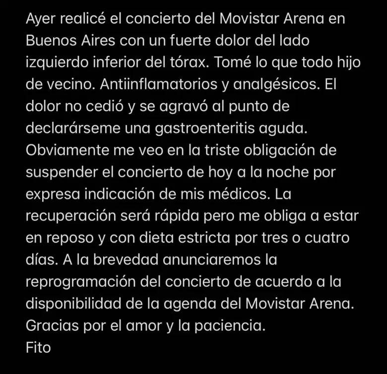 Fito Páez cancela su show en el Movistar Arena: los motivos