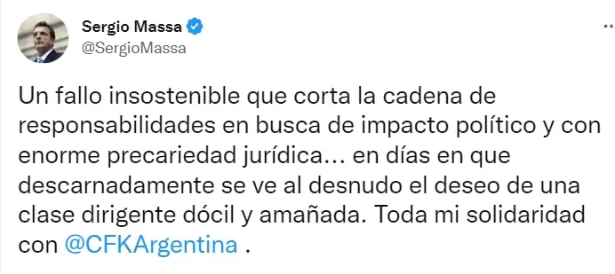 Qué dijo Sergio Massa tras la sentencia conta la vicepresidenta Cristina Fernández