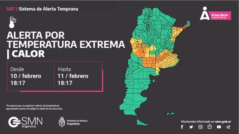 El Servicio Meteorológico Nacional (SMN) emitió esta tarde un alerta naranja por temperaturas extremas para varias localidades de Corrientes, Misiones, San Luis, Mendoza, La Pampa y Buenos Aires