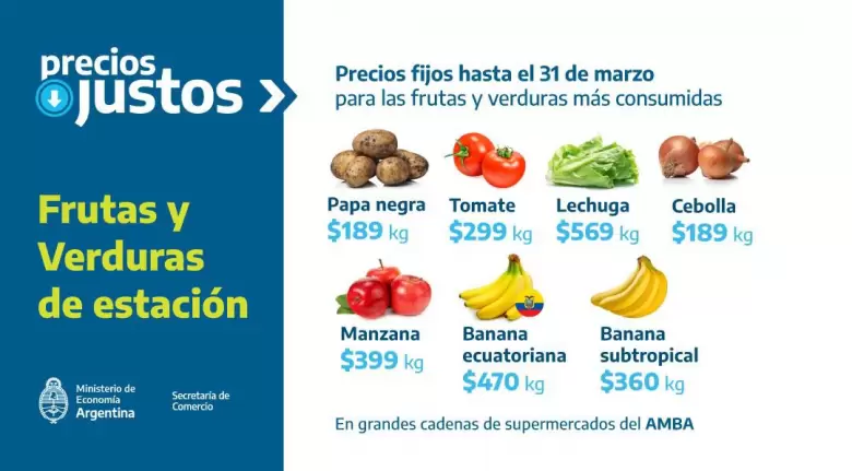 El Gobierno lanzó una canasta de frutas y verduras con precios fijos por un mes