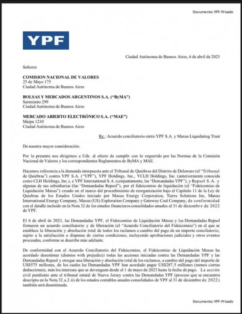  YPF y Repsol se comprometieron a pagar al Fideicomiso un monto de US$ 287,5 millones cada uno, lo que hace una cifra total de US$ 575 millones