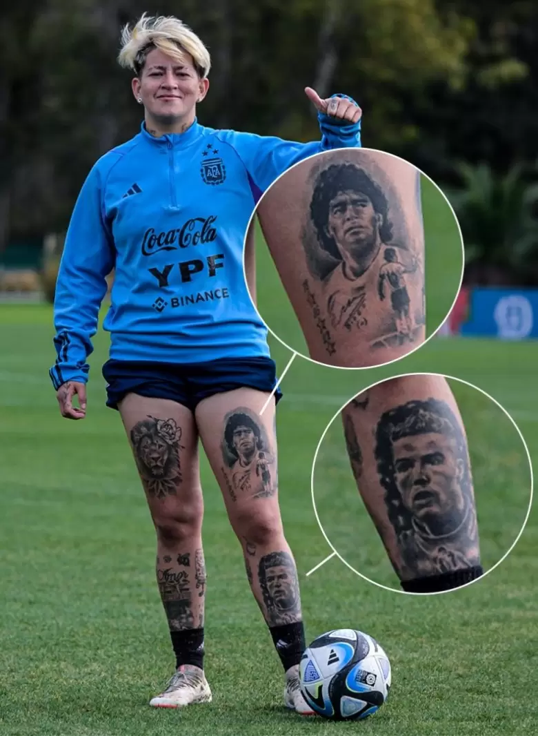 Yamila Rodrguez tiene tatuados a Diego Armando Maradona y Cristiano Ronaldo en su pierna izquierda