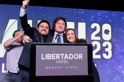 Los referentes de La Libertad Avanza: Ramiro Marra, Javier Milei y Victoria Villarruel.