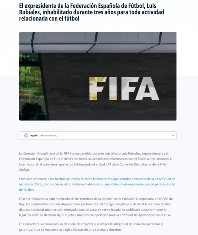 La Comisión Disciplinaria de la FIFA suspendió por tres años a Luis Rubiales