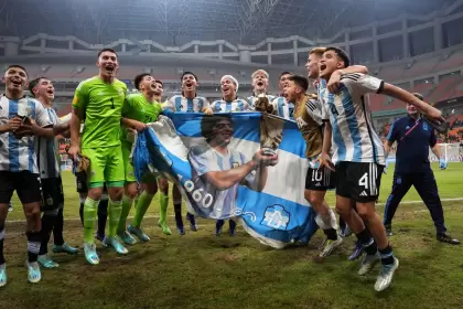 El festejo de los jugadores argentinos luego del histórico triunfo ante Brasil