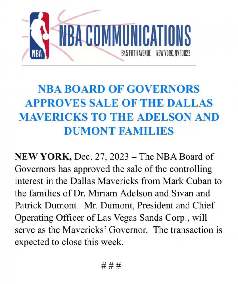 La Junta de Gobernadores de la NBA aprob la venta de los Dallas Mavericks