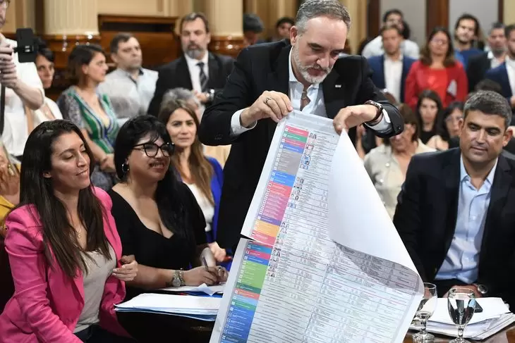 El senador Martín Doñate mostrando un modelo de boleta de papel.