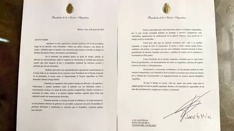 La carta que Javier Milei envió al Papa Francisco.