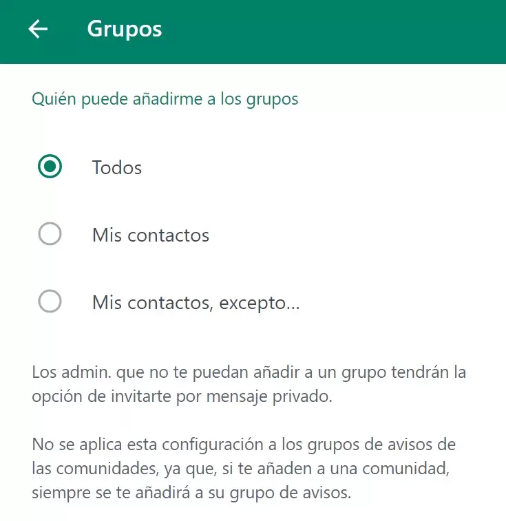 Opciones disponibles para seleccionar quin puede aadirte a los grupos de WhatsApp