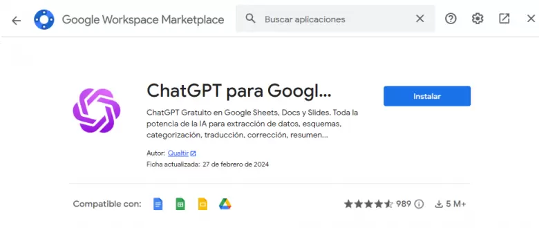 Pantalla de instalacin de ChatGPT para Google Sheets