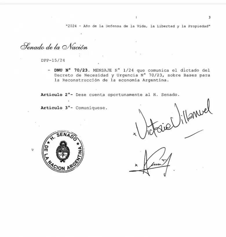 La presidenta del Senado, Victoria Villarruel, confirm la inclusin oficial del mega decreto de Javier Milei en la sesin de este jueves. (Foto: pren