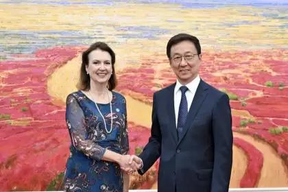 En su gira por China, la canciller Diana Mondino fue recibida por el vicepresidente del pas asitico, Han Zheng.