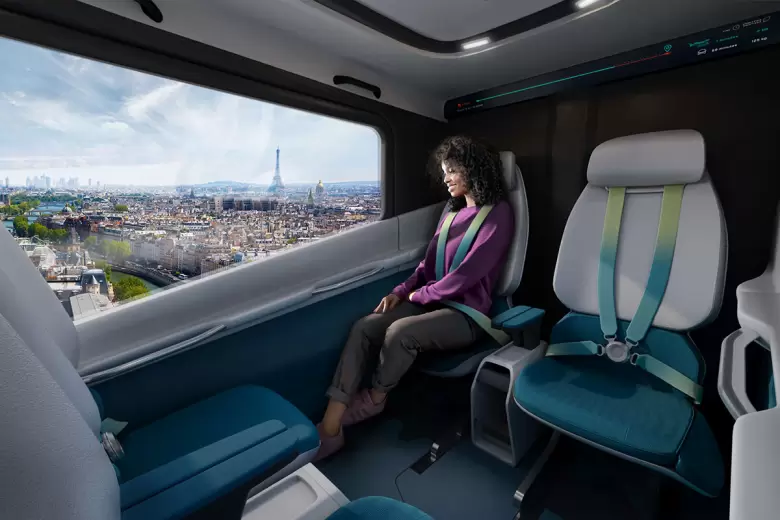 El render del interior del eVTOL que tiene capacidad para cuatro pasajeros más el piloto.