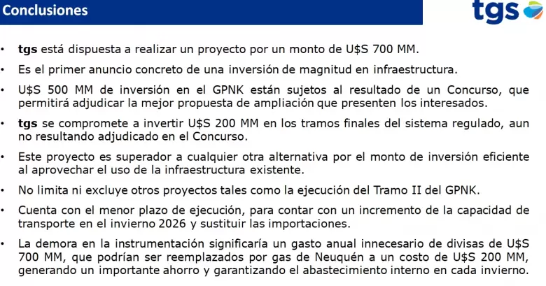 tgs est dispuesta a realizar un proyecto por un monto de U$S 700 M y es el primer anuncio concreto de una inversin de magnitud en infraestructura.