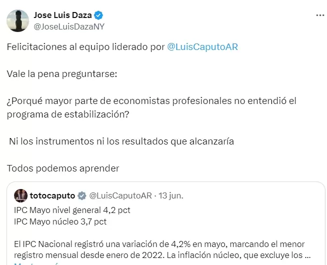 Daza conoce a Caputo de su paso por JP Morgan y Deutsche Bank y a Reidel (jefe de Asesores de Milei) cuando lanzaron el fondoQFR Capital Management.