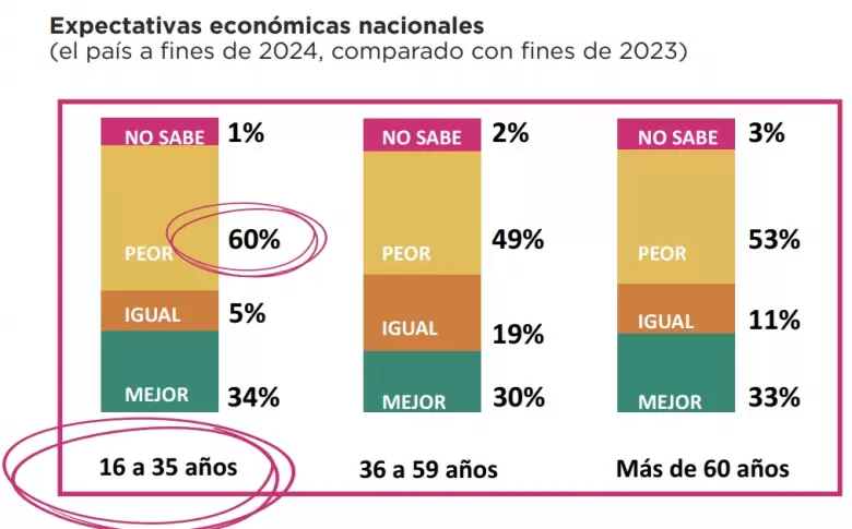 Crece el pesimismo en el segmento sub-35. Temen no poder proyectarse en este pas. Estn enojados y es el segmento que ms lo sigue a Milei (54%).