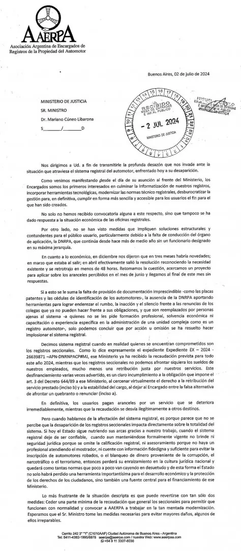 Carta de AAERPA al Ministerio de Justicia de la Nación