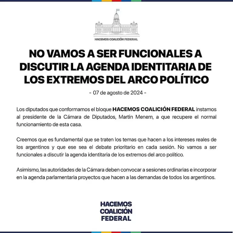 Comunicado de Hacemos Coalicin Federal tras no aportar al quorum de la sesin