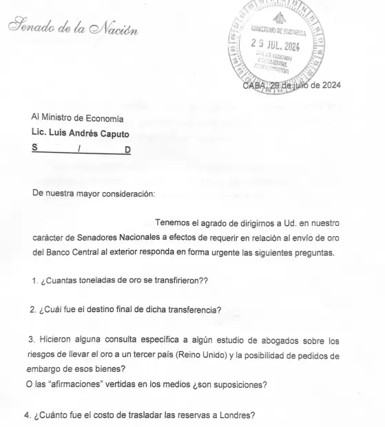 La carta de Di Tullio y Parrilli para Caputo.