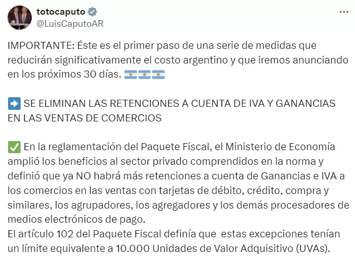 "El primer paso de una serie de medidas que reducirn significativamente el costo argentino e iremos anunciando en los prximos 30 das", dijo Toto.