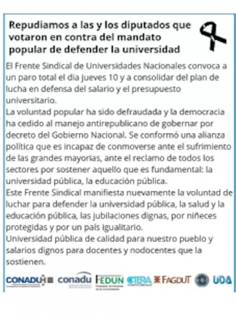 El comunicado de los gremios docentes tras la ratificación del veto de Milei