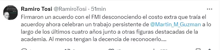 El tuit del subsecretario de Finanzas de Martín Guzmán.