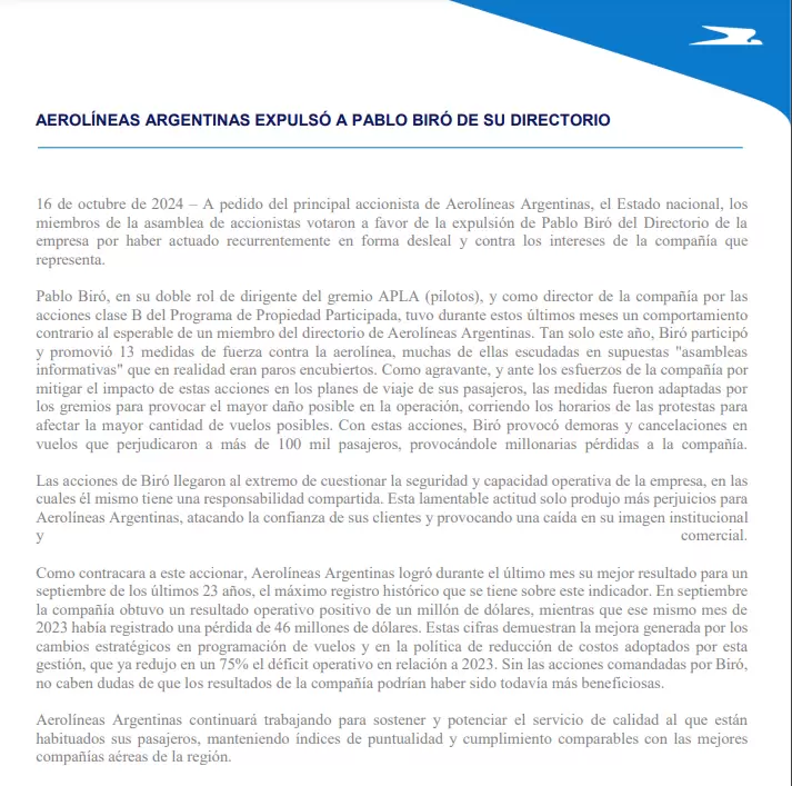 Aerolíneas Argentinas expulsó al sindicalista Pablo Biró de su directorio.
