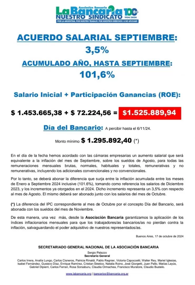 Bancarios acordaron un nuevo aumento: a cuánto se va el salario inicial y cuál será el bono millonario por el Día del Bancario