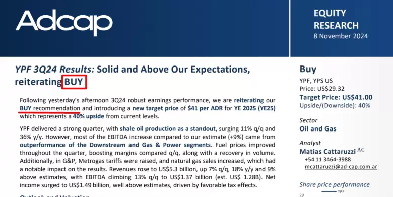 Adcap recomienda "COMPRAR" YPF