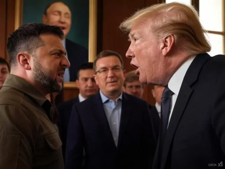 Donald Trump discute con Zelenzky. Putin, en el cuadro, sonríe de fondo. Imagen hecha con IA.