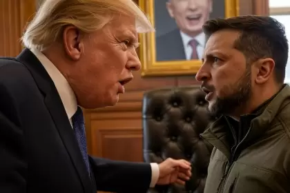 Donald Trump discute con Zelenzky. Putin, en el cuadro, sonríe de fondo. Imagen hecha con IA.