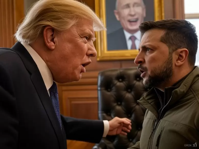 Donald Trump discute con Zelenzky. Putin, en el cuadro, sonríe de fondo. Imagen hecha con IA.