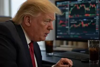 Trump haciendo trading y tomando Coca Cola. Imagen hecha con IA.