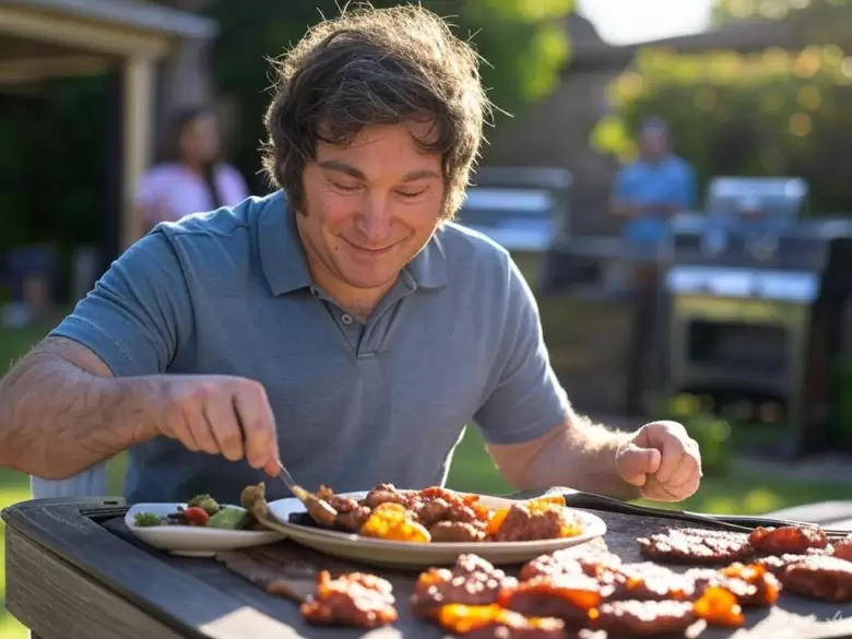 Javier Milei comiendo un asado. Imagen hecha con IA.