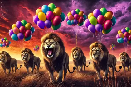 dall·e 2025-01-26 22.09.02 - a dramatic and surreal scene featuring angry lions in a savannah, each lion holding colorful balloons tied to thei