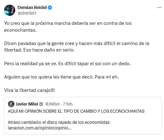 "Yo creo que la próxima marcha debería ser en contra de los econochantas", pidió Reidel.
