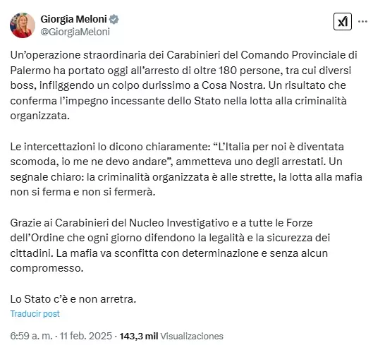 El posteo de Giorgia Meloni