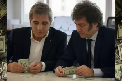 Luis Caputo y Javier Milei contando dólares. Imagen hecha con IA
