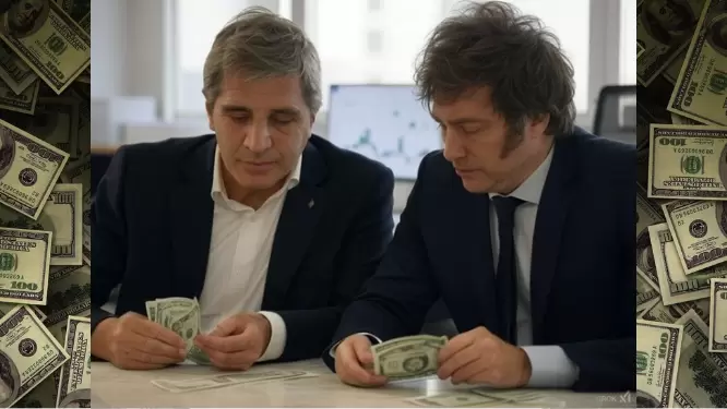 Luis Caputo y Javier Milei contando dólares. Imagen hecha con IA