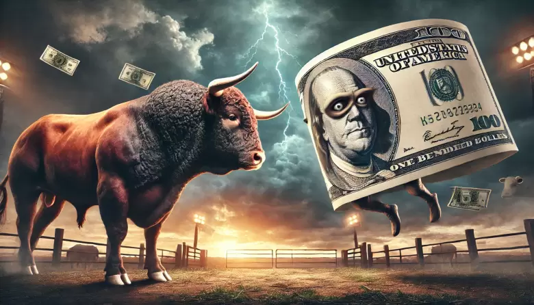 dall·e 2025-02-13 19.37.27 - a dramatic faceoff between a muscular beef breed bull, such as an angus, and a large, animated floating dollar bil