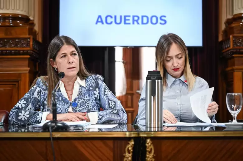 Guadalupe Tagliaferri (PRO) y Anabel Fernández Sagasti (PJ), hoy en la reunión de la Comisión de Acuerdos en el salón Illia del Senado de la Nación