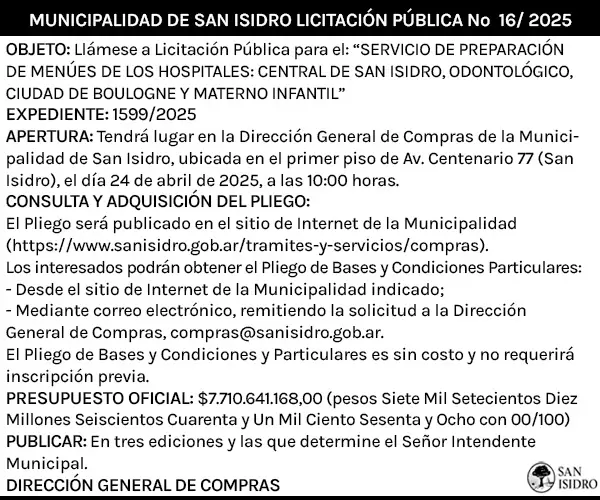 Licitación pública N°16/2025 de San Isidro
