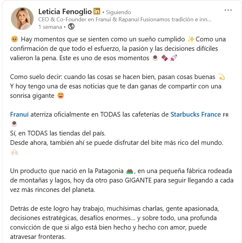 El anuncio de Leticia Fenoglio del desembarco en los locales de Starbucks de Francia.