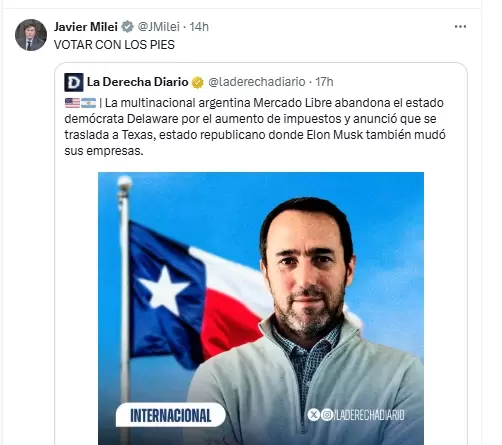 El posteo de Milei, en reacción a la novedad de Mercado Libre.