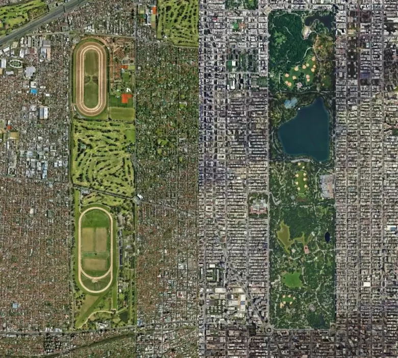 Imagen aérea del Jockey Club (izquierda) y Central Park (derecha). Ambos tiene casi 7 kilómetros de largo.