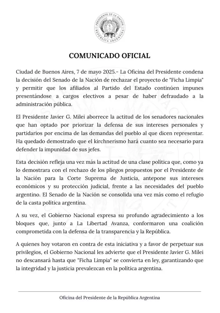 Comunicado de la Oficina del Presidente