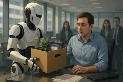Un robot entregando la caja de pertenencias a la persona despedida.