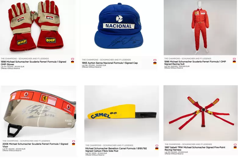 Algunos de los objetos de la colección de Michael Schumacher que RM Sotheby's saca a subasta.
