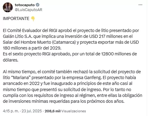 El anuncio de Toto Caputo.