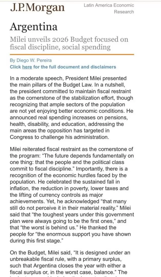 Qué dijo el JP Morgan sobre los puntos principales del Presupuesto 2026 presentado por Milei